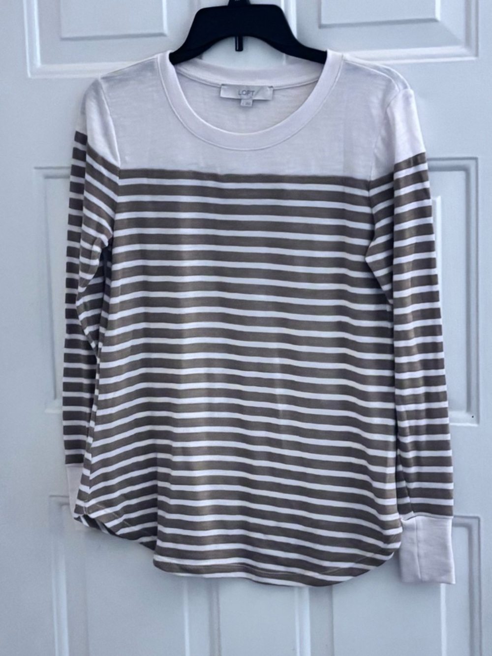 LOFT Taupe and White Striped Crewneck Top